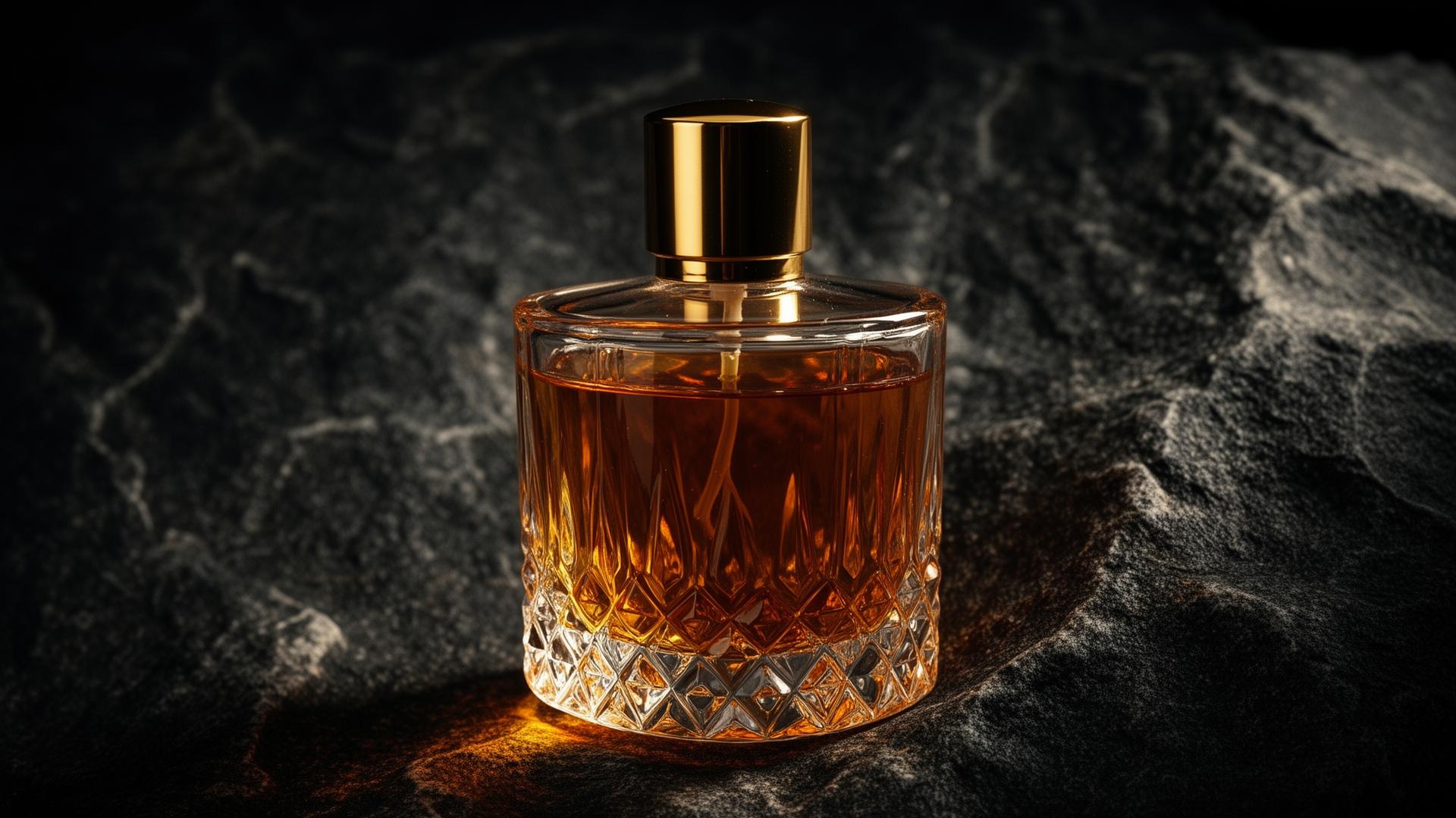 Faceted glass perfume bottle with amber liquid on dark stone
